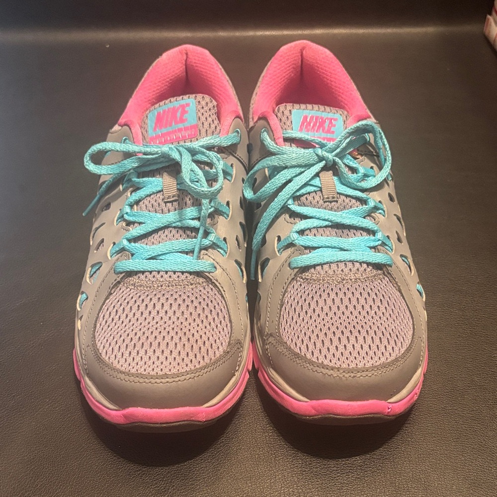 Nike Dual Fusion Run 2 Gray and Pink Sneakers with Blue Laces